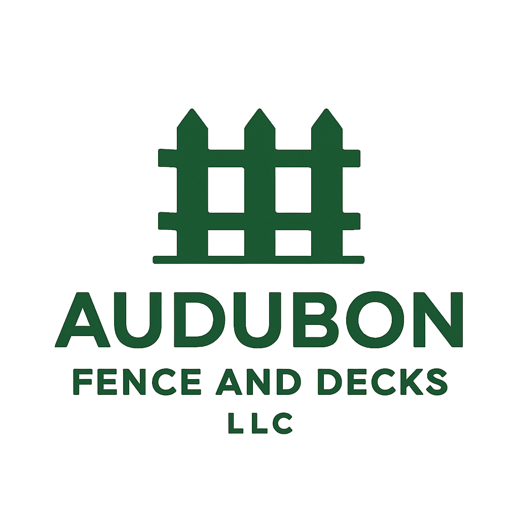 Audubon Fence & Decks logo featuring a clean, modern design with strong lines representing fence panels and deck structure. The logo reflects durability, crafts